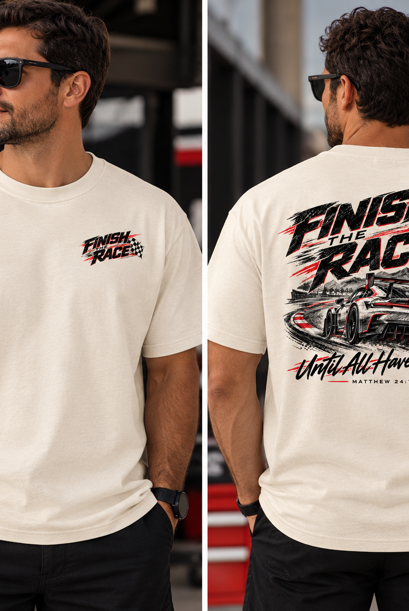 Finish the Race tee male model front and back