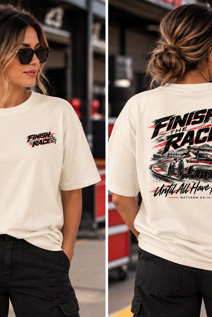 Finish the Race tee female model front and back